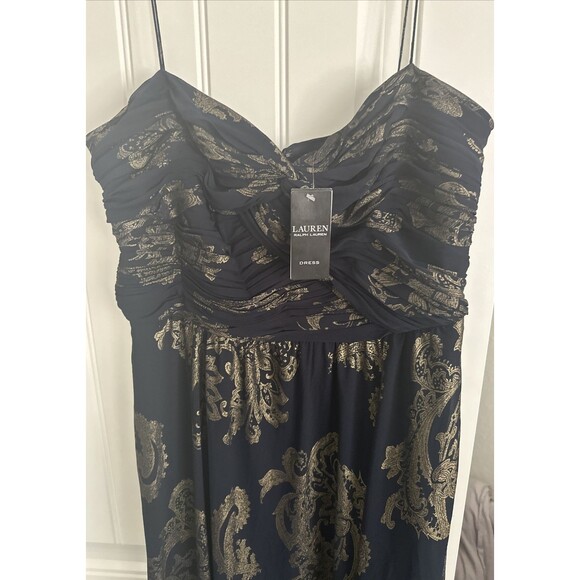 Lauren Ralph Lauren Women's Paisley Foiled Chiffon Sleeveless Gown Dress Navy 12 - Picture 9 of 14
